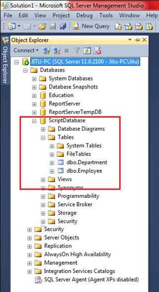 selecting database to generate script
